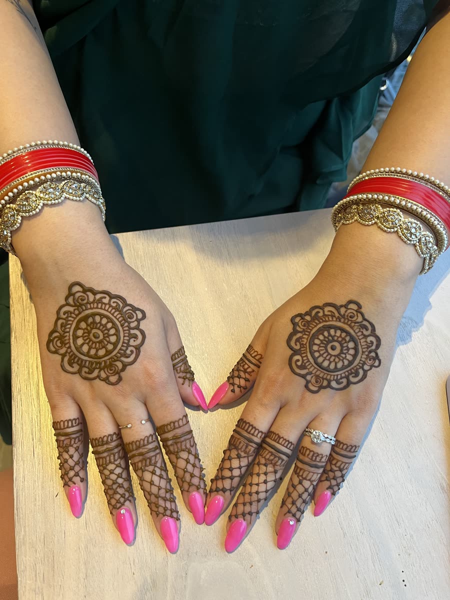 Mandala henna design with circular pattern and negative space on both hands