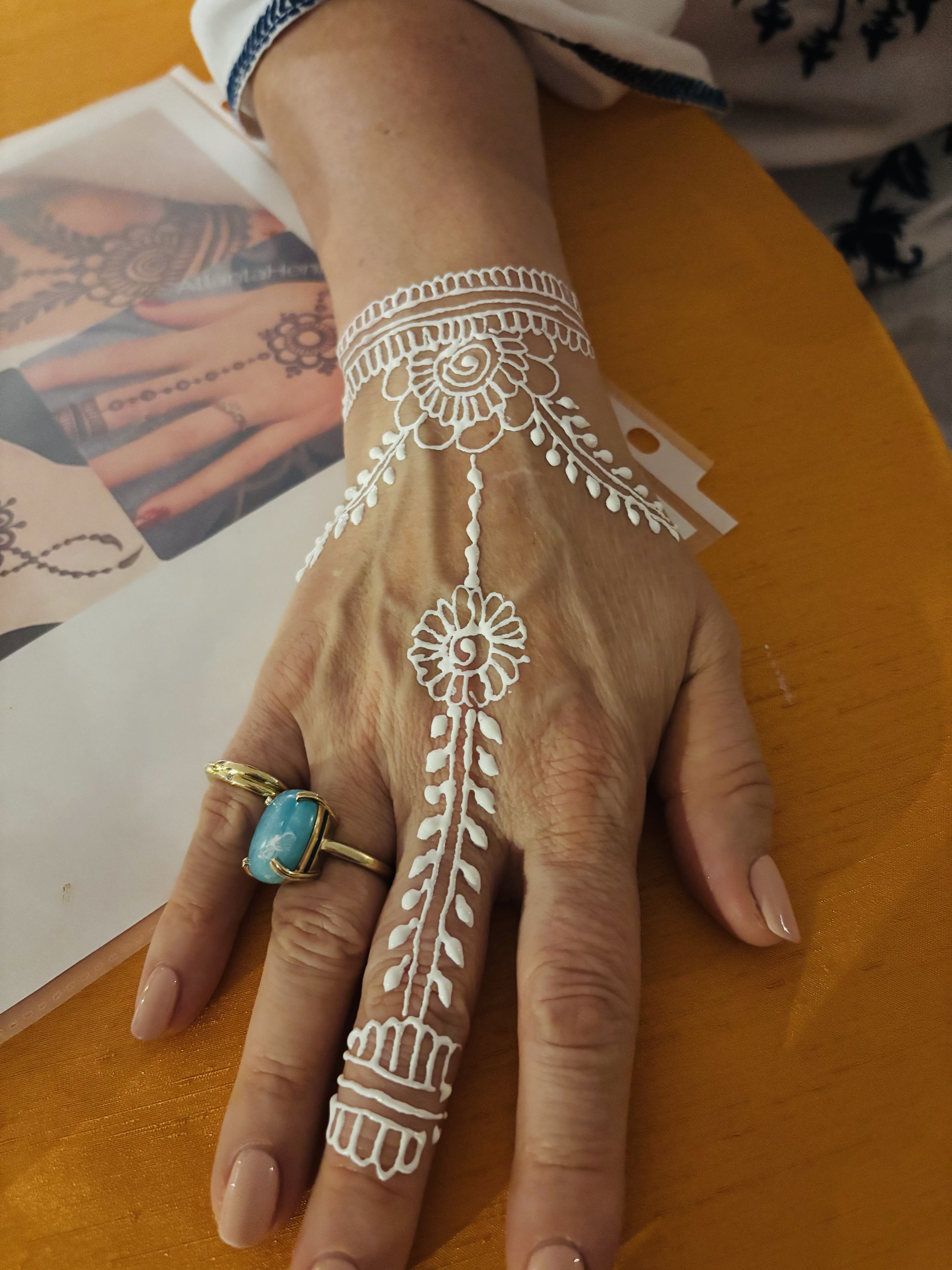 White henna vine design on fingers and back of hand